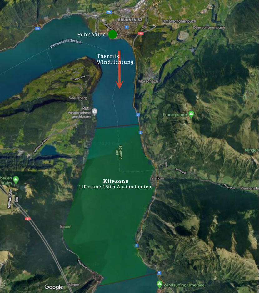 Kitezone (Uferzone 150m Abstandhalten) Thermik Windrichtung Föhnhafen